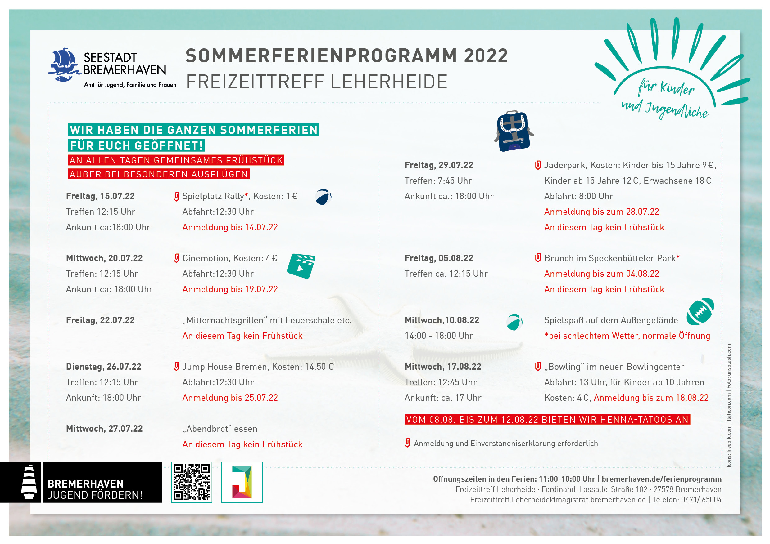 Grafik Sommerferienprogramm 2022 Freizeittreff Leherheide