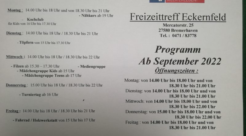 Programm ab September 2022 im Freizeittreff Eckernfeld